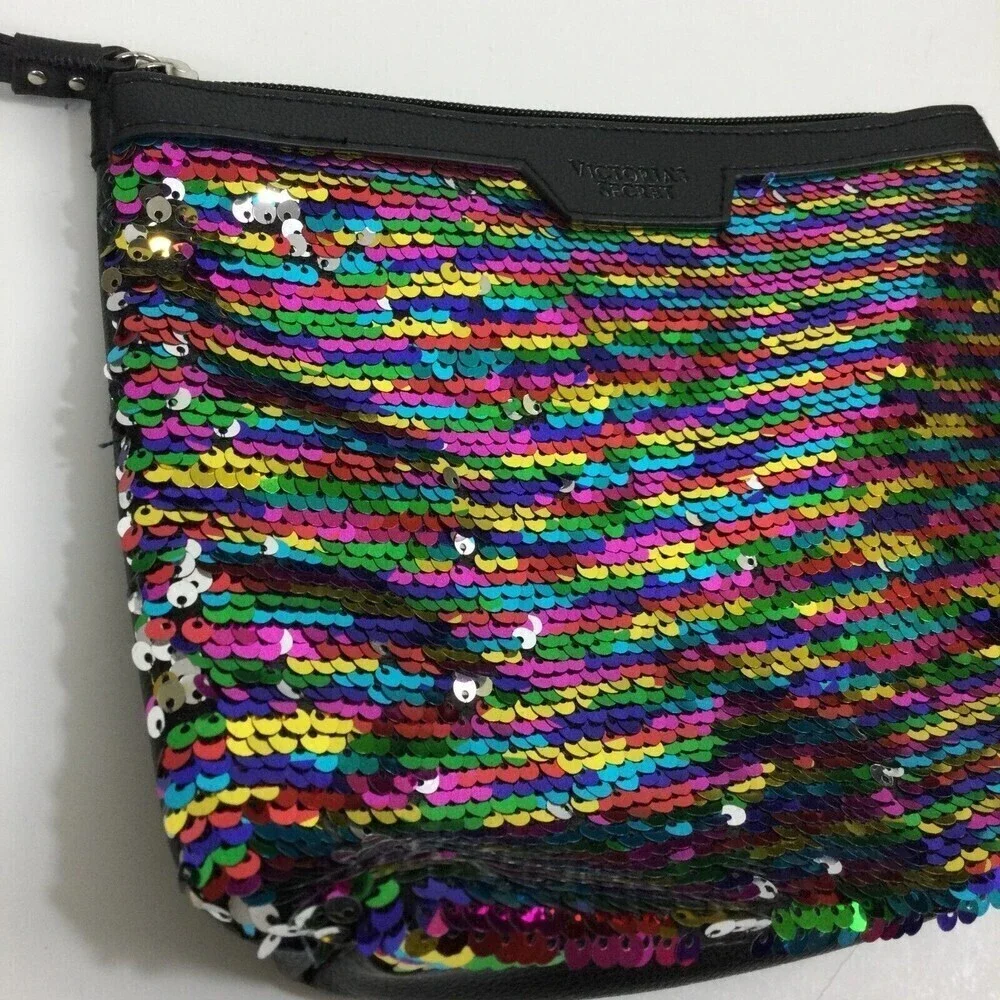 Victoria's Secret Black Silver Rainbow Sequin Makeup Cosmetic Bag Pouch Wristlet
